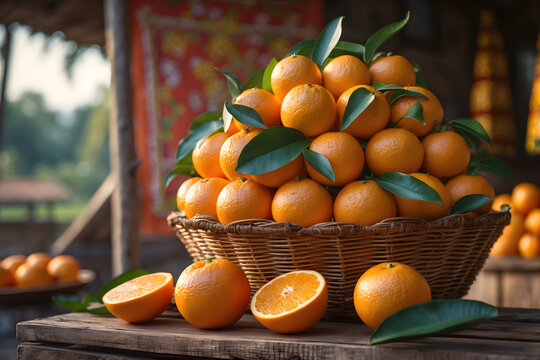 A pile of oranges in a wicker basket on rustic wood table.
