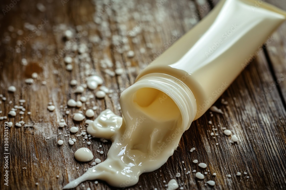 Poster cream spills from a tube onto a wooden surface, highlighting texture and color in a close-up setting