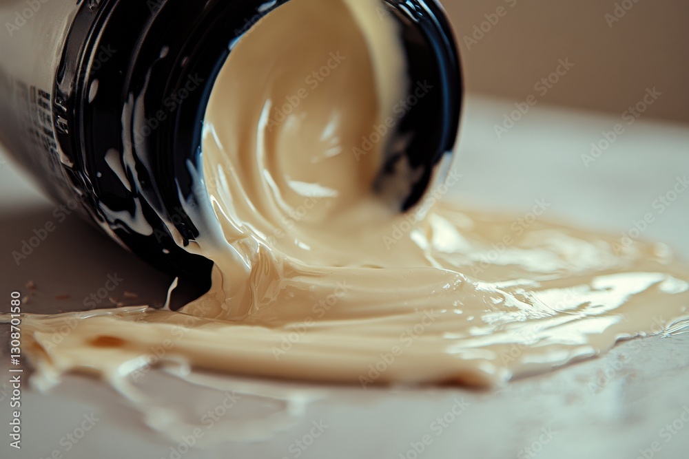 Aufkleber Creamy substance spills from an open jar, creating a glossy mess on a surface in a dimly lit setting