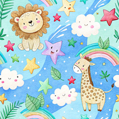 Fototapeta premium Nahtloses Kindermuster mit Löwen Giraffen Regenbögen und Wolken, Seamless kids pattern with lions giraffes rainbows and clouds