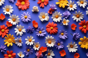 Colorful arrangement of artificial flowers on a vibrant blue background showcasing creativity and craftsmanship