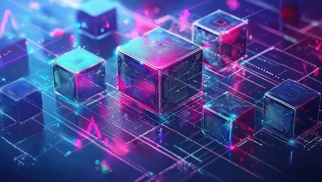 Abstract fintech visualization of secure digital assets and blockchain technology.