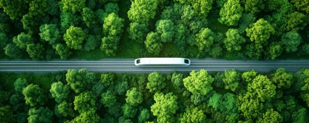 Aerial View of a White Bus on a Road Surrounded by Lush Green Forest
