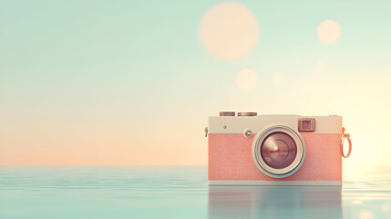 Pastel camera on tranquil beach at sunrise; evokes summer travel memories; ideal for blogs, travel sites