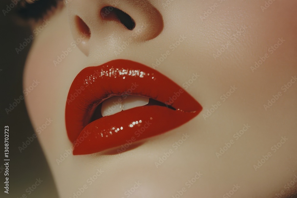 Aufkleber close-up of glossy red lips showcasing a bold makeup look with a soft focus background