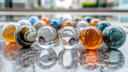 Colorful glass marbles on reflective surface with blurred background