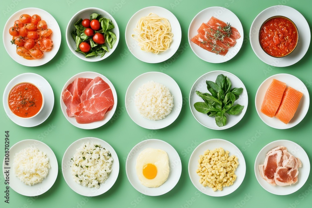 Poster culinary preparation of fresh ingredients for a colorful and flavorful meal on a green surface