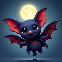 Obraz premium Cute 3D Cartoon Bat Flying Under Full Moon