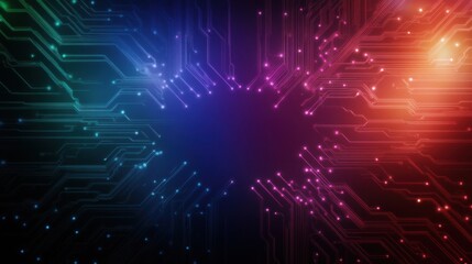 Abstract colorful circuit board background with glowing lines and nodes.