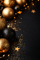 Elegant high-angle shot of reflective golden Christmas ornaments on a black background, ideal for New Year and winter holiday designs with ample copy space.