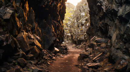 Obraz premium rocky cave passage with sunlight illuminating entrance, creating warm and inviting atmosphere. rugged stone walls and earthy path suggest natural, untouched environment