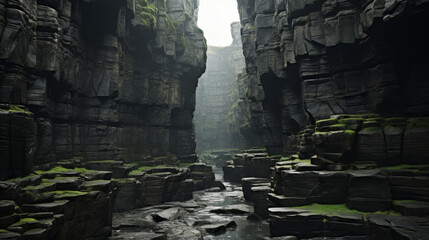 Fototapeta premium breathtaking view of deep, narrow canyon with towering rock walls and patches of green moss, creating serene and mysterious atmosphere
