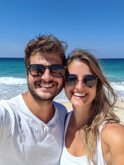 Obraz premium Sun-Kissed Beach Bliss: A cheerful couple, basking in the warm glow of a sunny beach, smile radiantly for a selfie. capturing pure happiness and relaxation. 