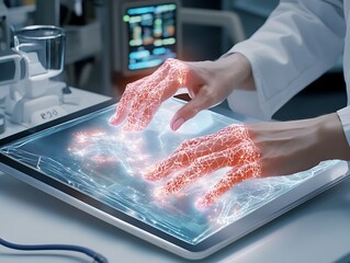 High-tech medical technology lab close-up on digital interaction and future concepts