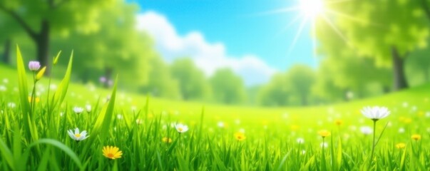 Fototapeta premium Sunny spring meadow, blurred blue sky, vibrant green grass, green, vibrant