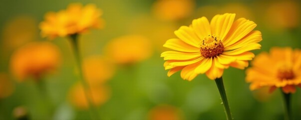 Sunny yellow terry zinnias, soft focus background , sun, day, light