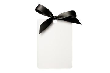 white gift tag with black ribbon bow isolated on white or transparent png