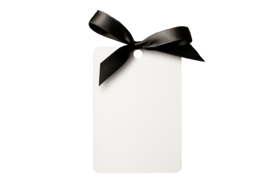 white gift tag with black ribbon bow isolated on white or transparent png