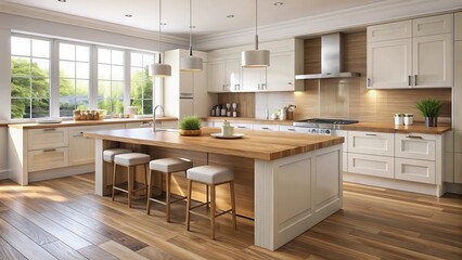 Bright, airy kitchen with an expansive window, hardwood floors, light cream cabinets, a large wooden island, and pendant lighting above the island.