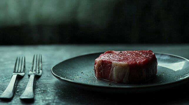 Raw steak on plate with fork and knife, symbolizing cannibalism concept, copy space for text or design, culinary and symbolic themes.