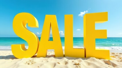 Large yellow sale letters on sandy beach by ocean under clear blue sky