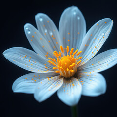 close up of delicate white flower with vibrant orange stamens, showcasing intricate details and textures, evoking sense of tranquility and beauty