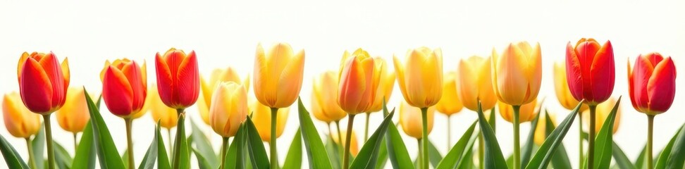 Vibrant tulips, sunny yellow & red, pristine white backdrop, petals, close-up