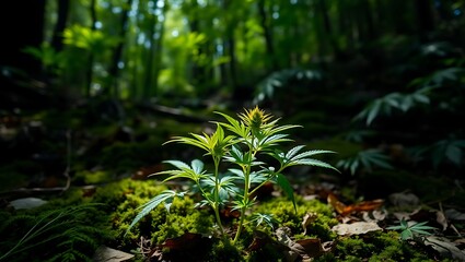 Young Cannabis Plant Growing in Lush Green Forest