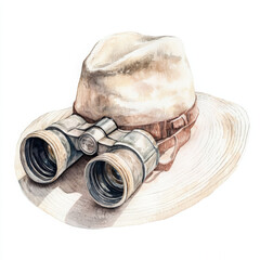 Illustration hat, binoculars, adventure awaits, explore, journey