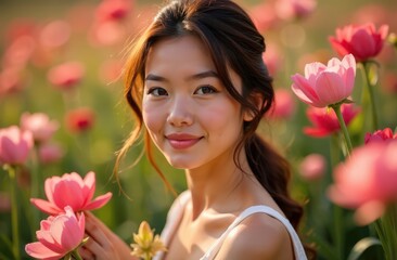 Naklejka premium Young asian woman in flower field smiling on sunny day