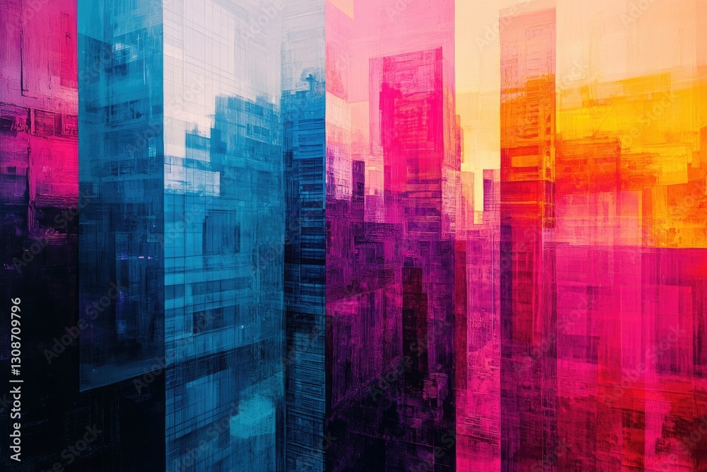 Poster abstract cityscape with vibrant colors and layered, overlapping blocks, suggesting a modern metropol