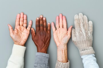 Obraz premium Diverse hands displaying unity in age and ethnicity on gray background