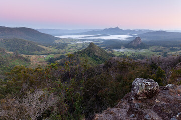 Morning Mist and sunrise - Morning Mist and sunrise - view to Mount Warning, Wollumbin, Mebbin,...