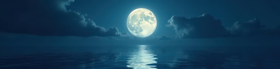 Radiant full moon casts ethereal glow on tranquil dark ocean, shimmering reflection , black, waves