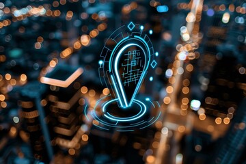Futuristic digital mapping technology over a cityscape at night