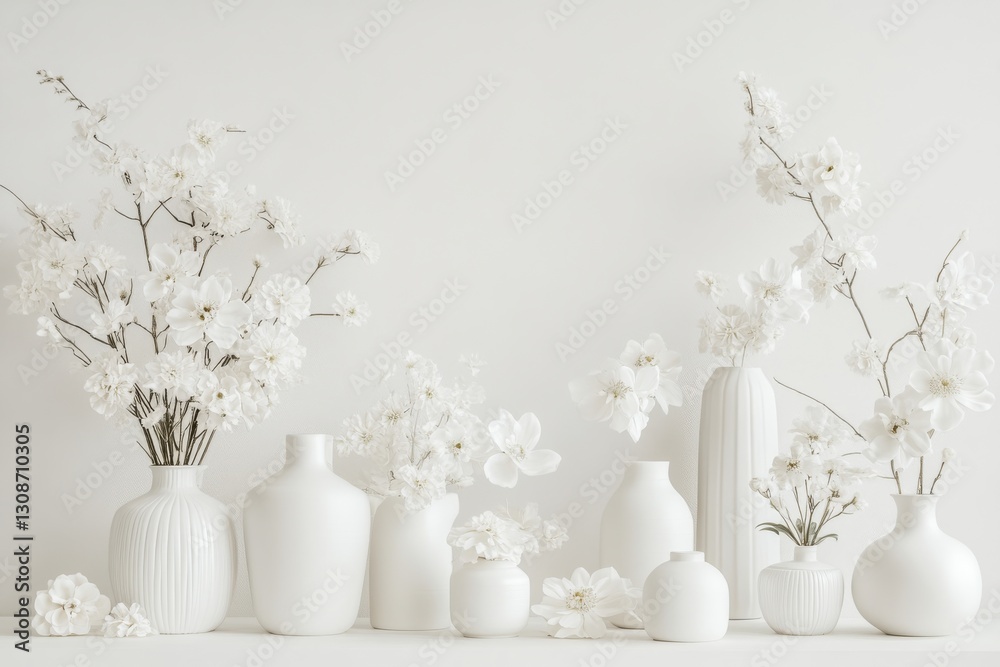 Poster elegant display of white flowers in various vases on a minimalist backdrop in a bright room