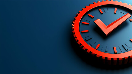 Red checkmark clock gear on blue background; on-time project completion, efficiency concept; ideal for business presentations