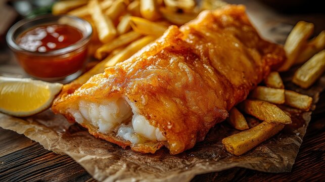 Crispy Fish and Chips A Delicious and Classic British Takeaway Meal This image showcases perfectly fried cod or haddock with golden, crunchy batter, served alongside thick-cut, fluffy chips Enjoy
