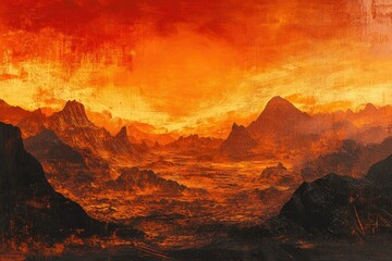 Obraz premium Fiery orange sunset over a rugged, volcanic mountain range landscape.