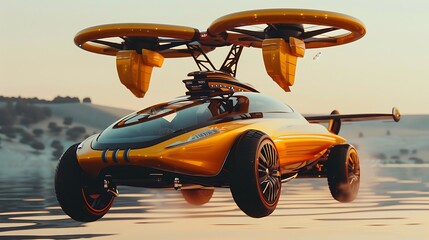 Futuristic Flying Car with Drone Technology Over Water at Sunset