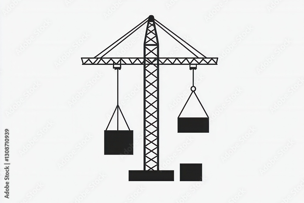 Poster minimalist construction logo featuring a tower crane lifting blocks in modern line art design on a m