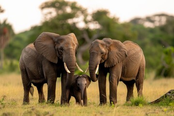 Obraz premium African elephant family in natural habitat: adult elephants and calf in serengeti landscape