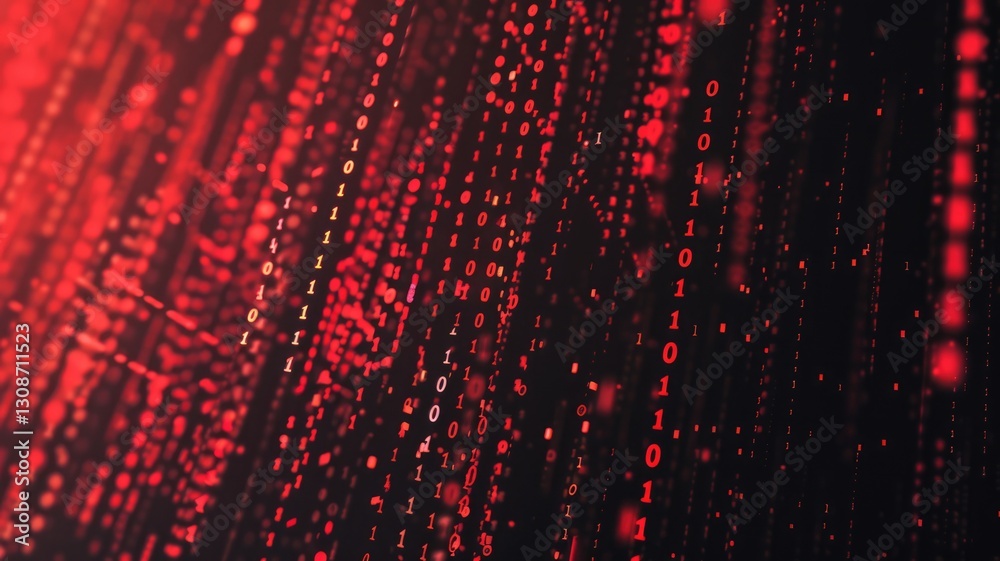 Poster a vibrant abstract digital matrix background featuring flowing red binary code. ideal for commercial