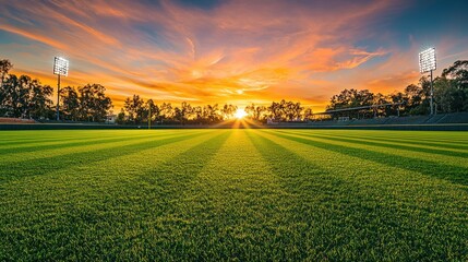 A vibrant sunset illuminates a green field with stadium lighting