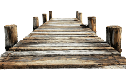 "A weather-beaten wooden pier with a rough, textured surface and aged timbers, isolated on transparent background, creating a natural, coastal look.