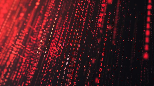 A vibrant abstract digital matrix background featuring flowing red binary code. Ideal for commercial projects, proposals, or modern designs requiring a tech-inspired aesthetic.