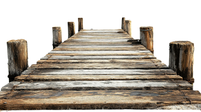 "A weather-beaten wooden pier with a rough, textured surface and aged timbers, isolated on transparent background, creating a natural, coastal look. - Powered by Adobe