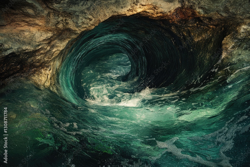 Poster a swirling ocean wave crashes into a dark cave, creating a mesmerizing natural spectacle.