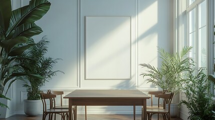 A mockup of an empty, blank poster frame on the wall in a dining room. The walls are white, and there is a wooden table with chairs. Plants are present,