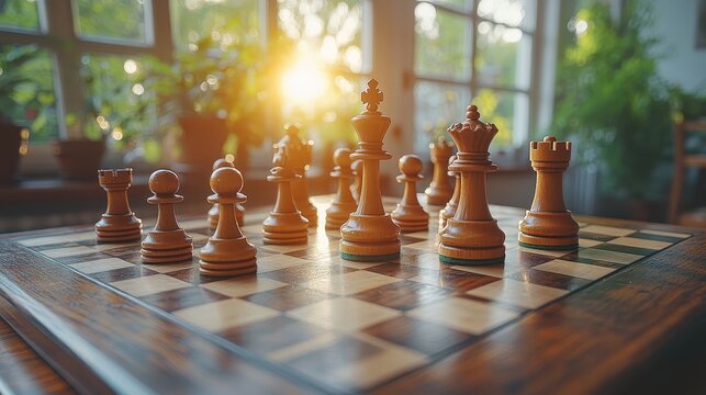 A chessboard mid-game on a polished mahogany table, sunlight streaming through nearby windows.